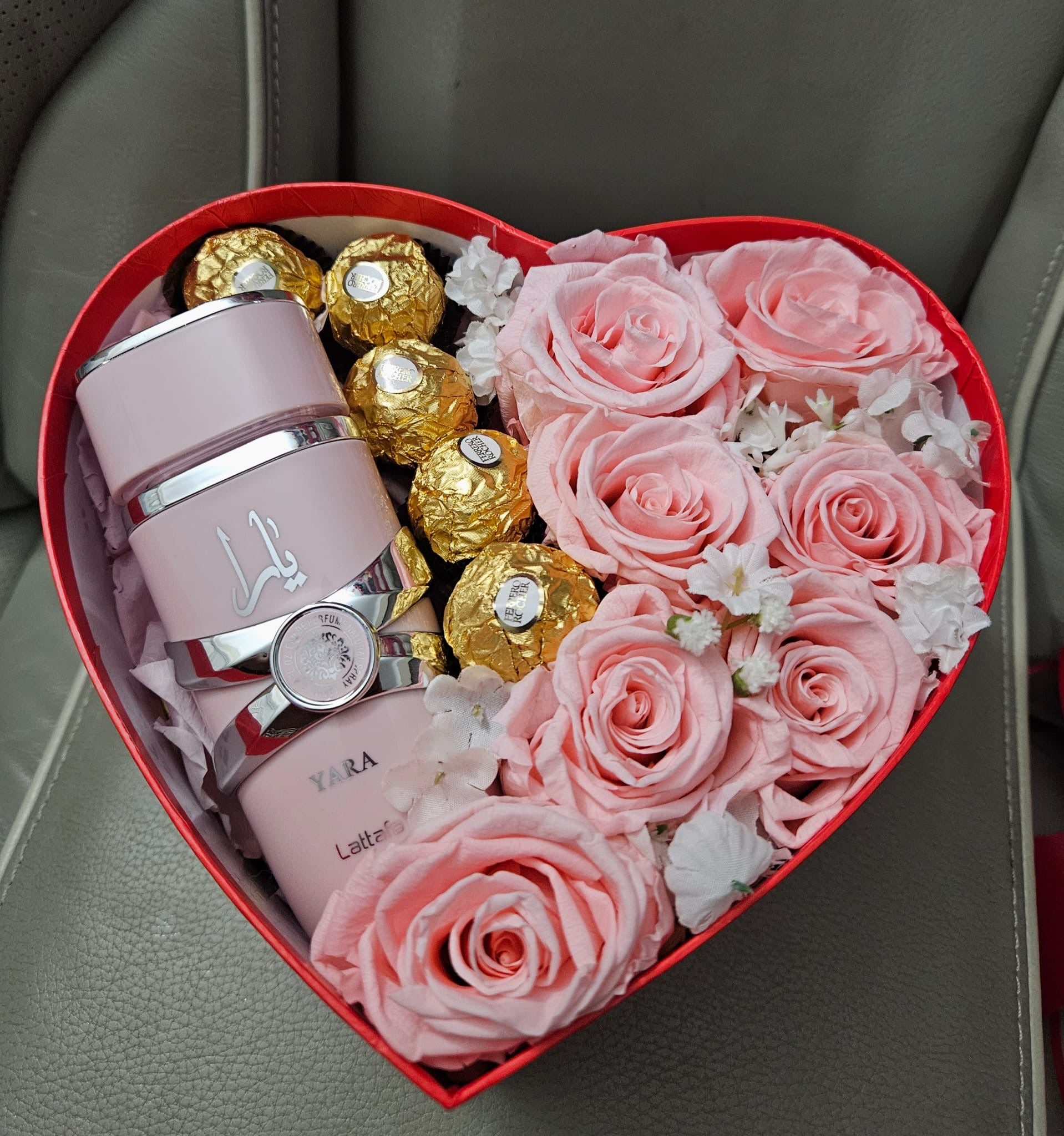Medium Box of preserved roses, perfume & chocolates