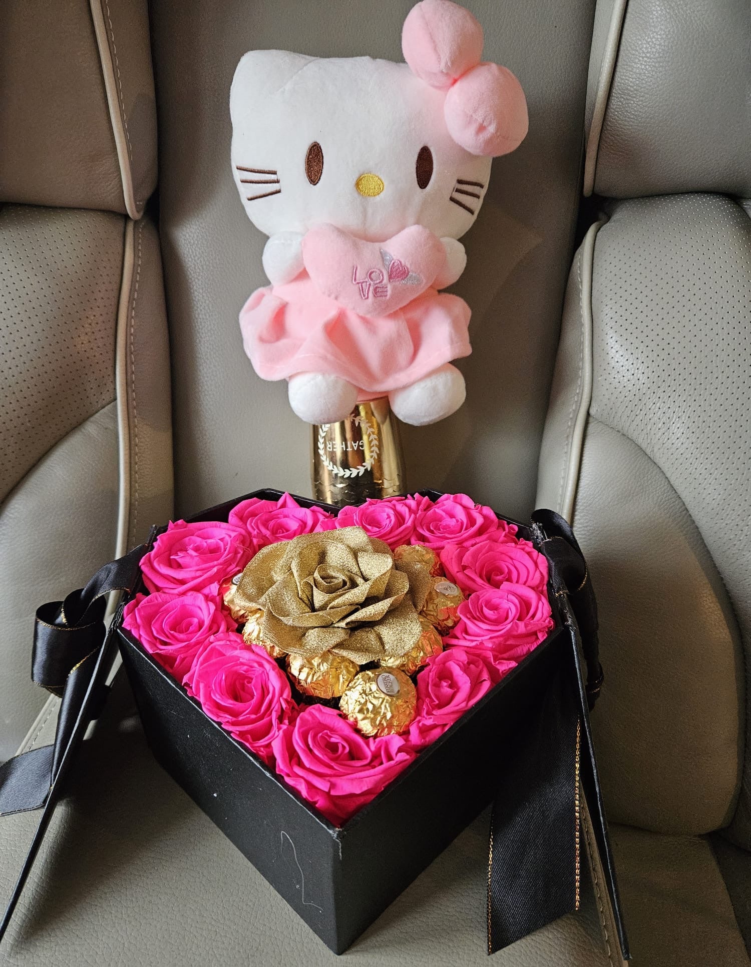 Medium Box of preserved, chocolates roses & plushie